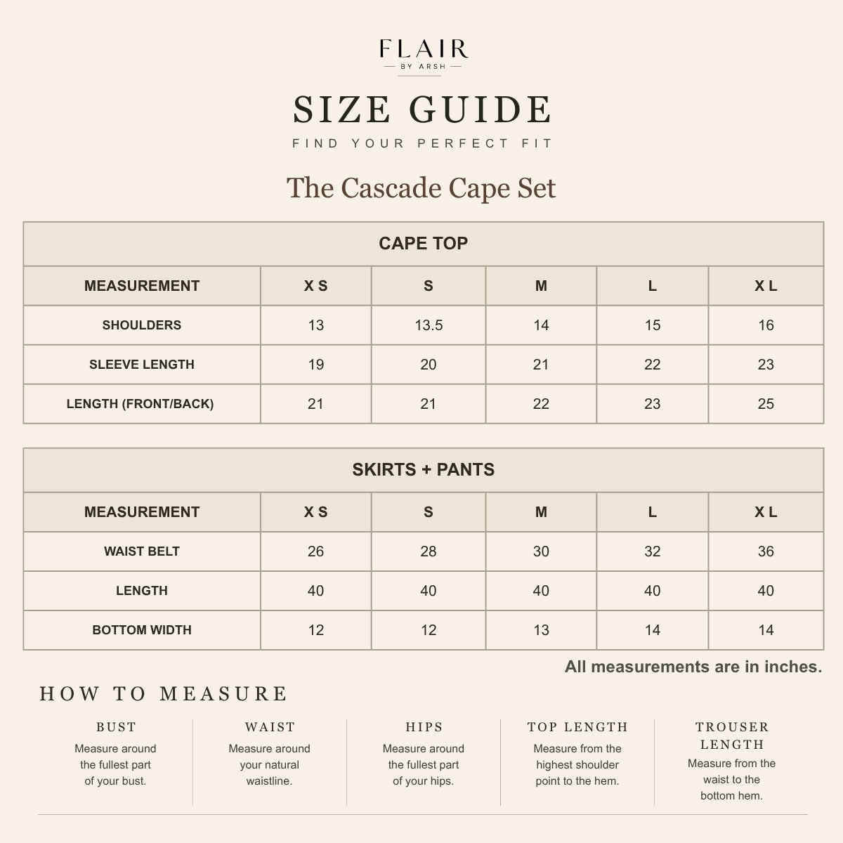 The Cascade Cape Set size guide