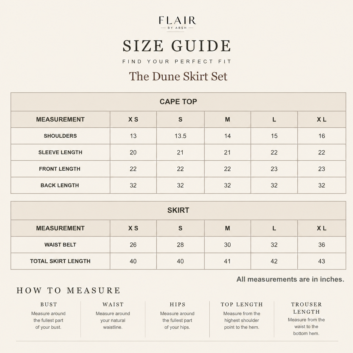The Dune Skirt Set size guide