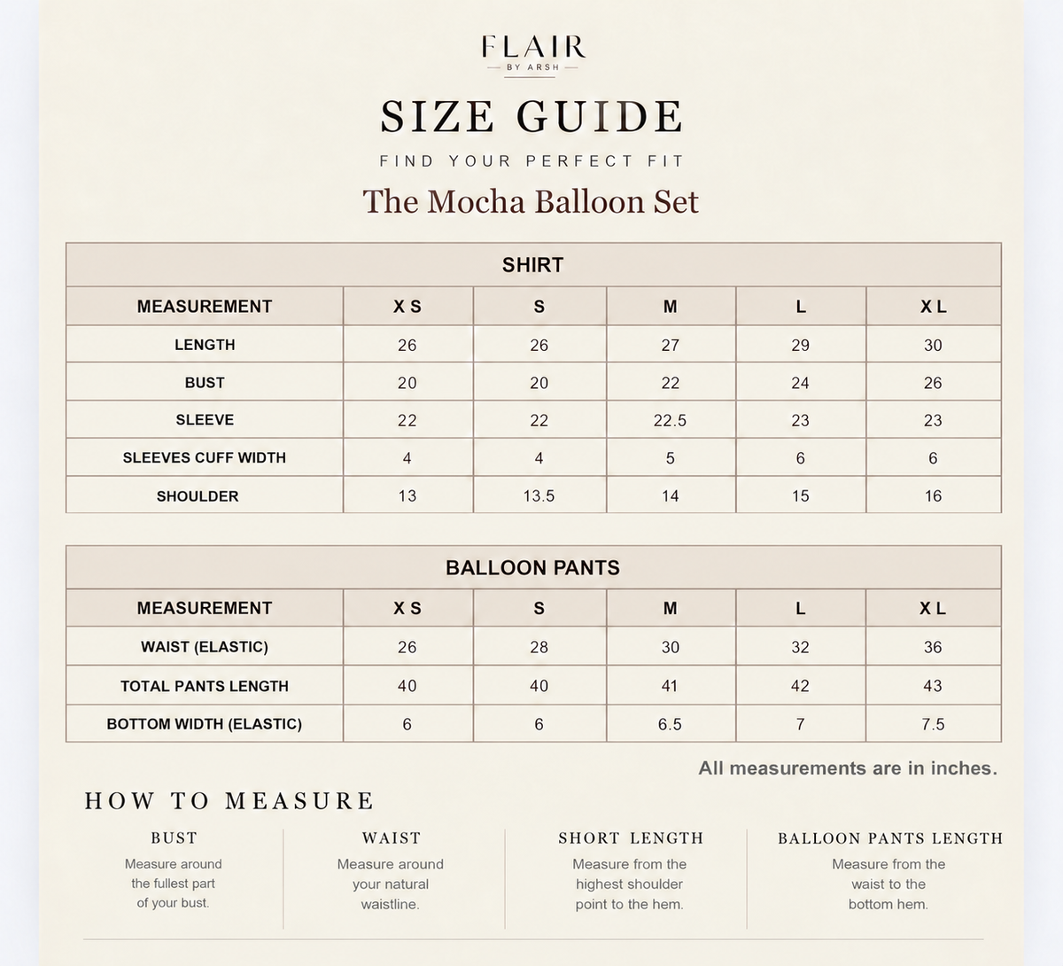 The Mocha Balloon Co-ord Set size guide