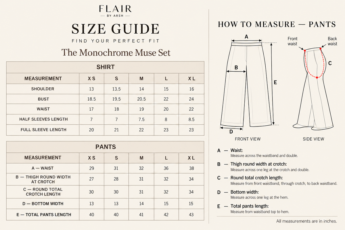 The Monochrome Muse Set size guide